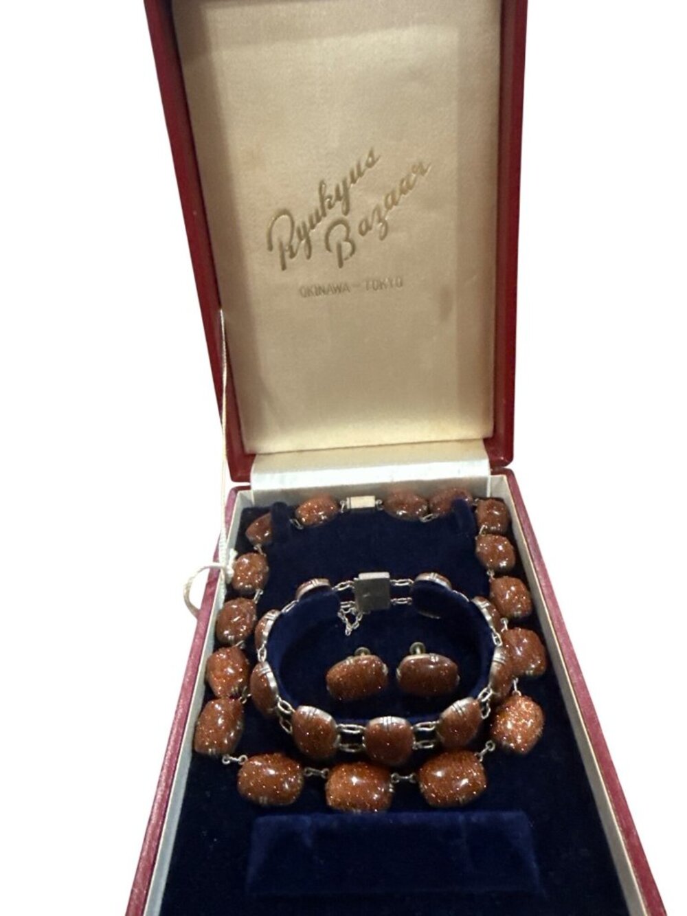 Ryukyus Bazaar Goldstone Necklace, Bracelet & Screw-Back Earring Set With Box